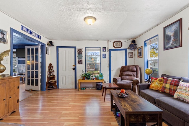 living room featuring a healthy amount of sunlight, wood-type flooring, and a textured ceiling