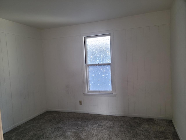 carpeted empty room with wooden walls