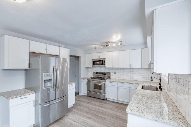 kitchen with sink, stainless steel appliances, decorative backsplash, white cabinets, and light wood-type flooring