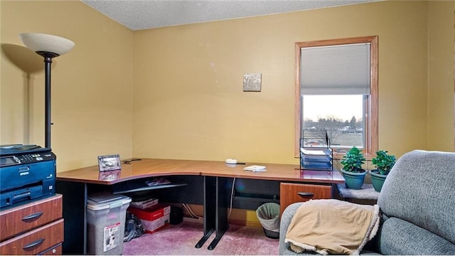 carpeted home office with a textured ceiling