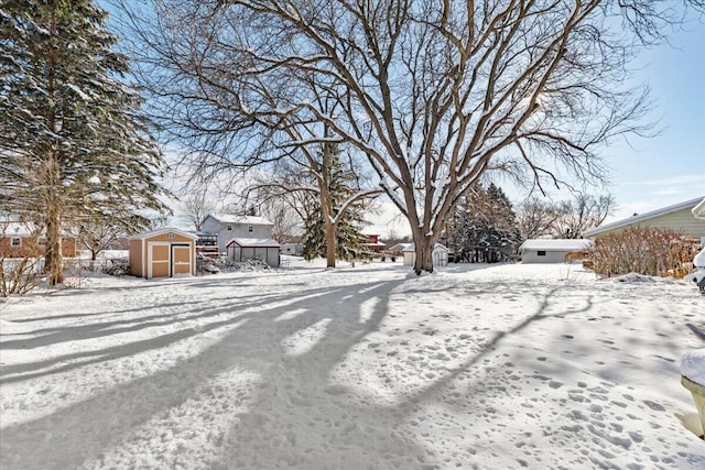 snowy yard with a storage unit