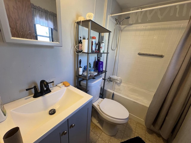 full bathroom featuring toilet, vanity, and shower / tub combo with curtain