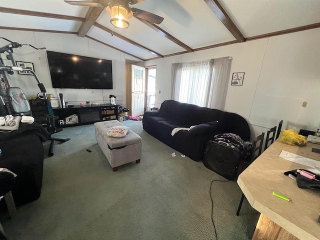 carpeted living room with lofted ceiling with beams and ceiling fan