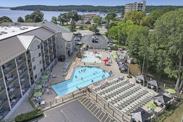 drone / aerial view with a water view