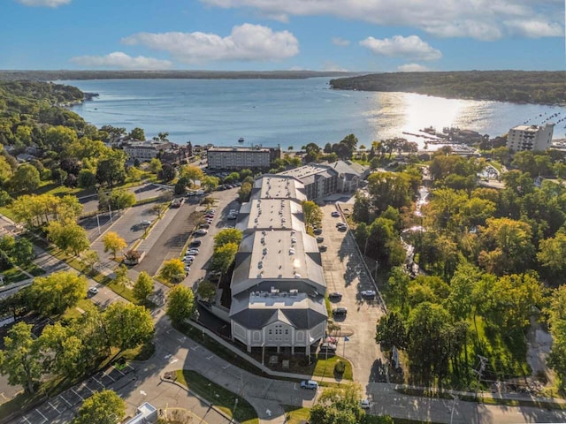 drone / aerial view featuring a water view