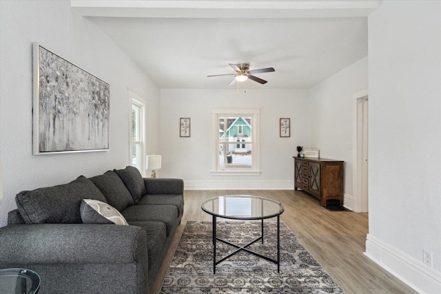 living room featuring hardwood / wood-style flooring and ceiling fan