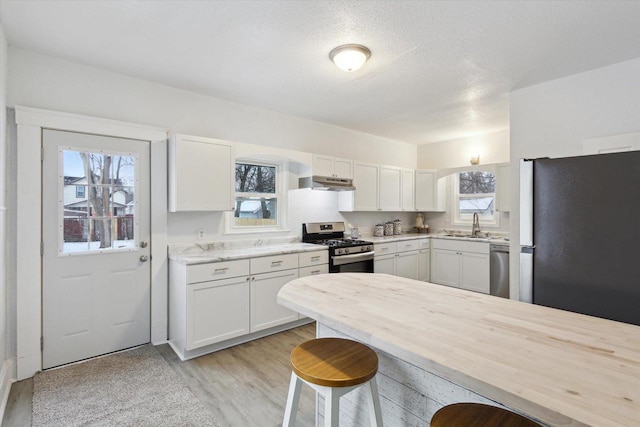 kitchen featuring white cabinetry, plenty of natural light, stainless steel appliances, and light wood-type flooring