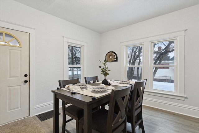 dining space featuring a wealth of natural light and dark wood-type flooring