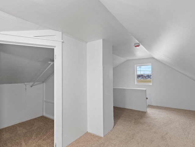 bonus room with light colored carpet and vaulted ceiling