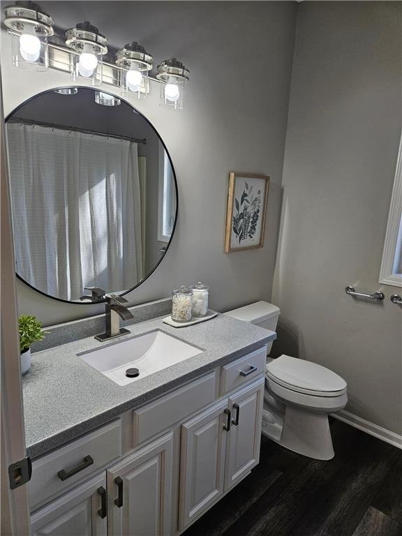 bathroom with vanity, wood-type flooring, and toilet