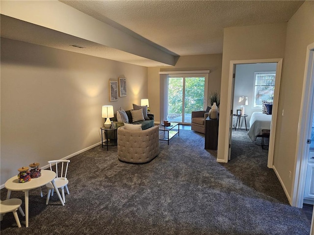 carpeted living room with a textured ceiling