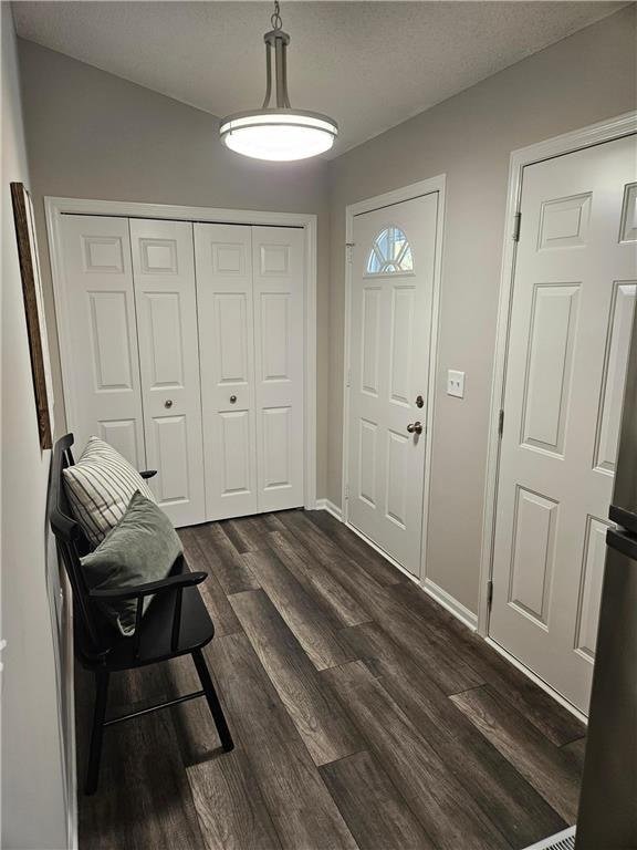 entrance foyer with a textured ceiling and dark hardwood / wood-style flooring