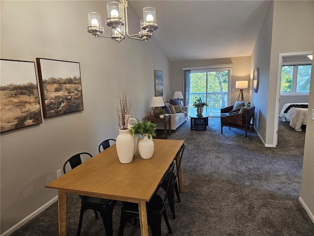 carpeted dining area featuring high vaulted ceiling and a notable chandelier