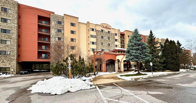 view of snow covered building