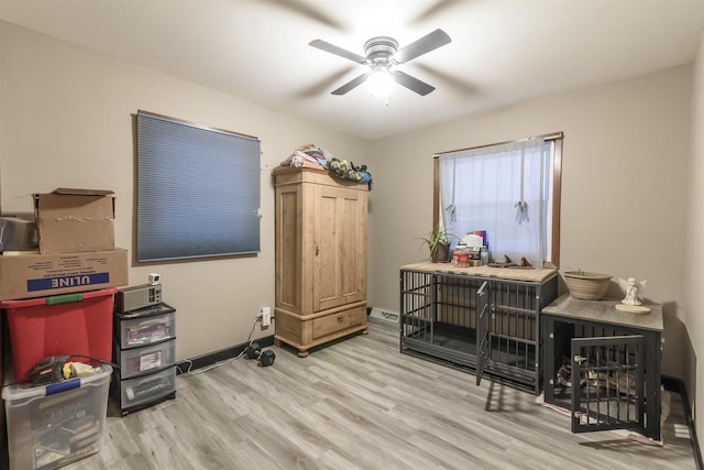 office featuring light hardwood / wood-style floors and ceiling fan