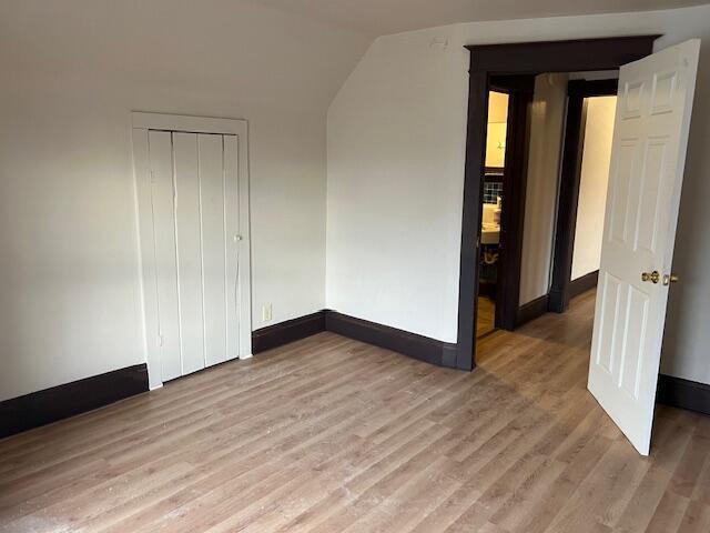 unfurnished bedroom with lofted ceiling, wood-type flooring, and a closet