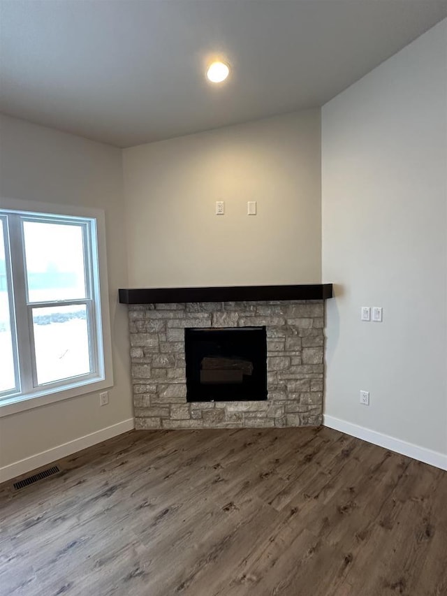 interior details featuring a fireplace and wood-type flooring