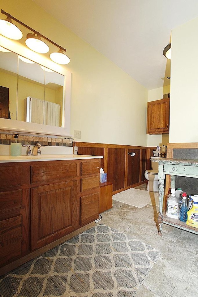 bathroom featuring wood walls, vanity, and toilet