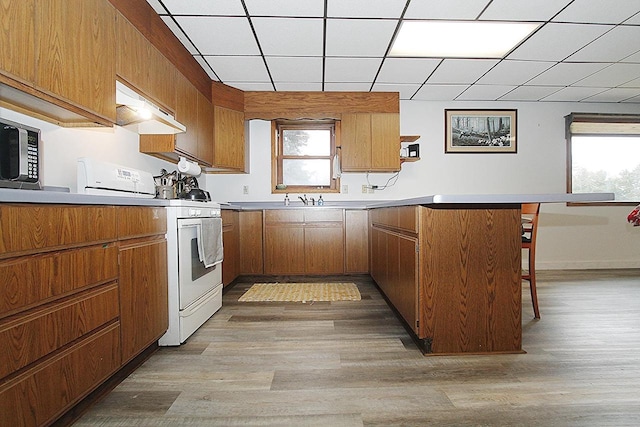 kitchen with a paneled ceiling, light hardwood / wood-style flooring, white gas range, a kitchen bar, and kitchen peninsula