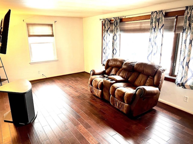 living room with dark hardwood / wood-style floors and a healthy amount of sunlight