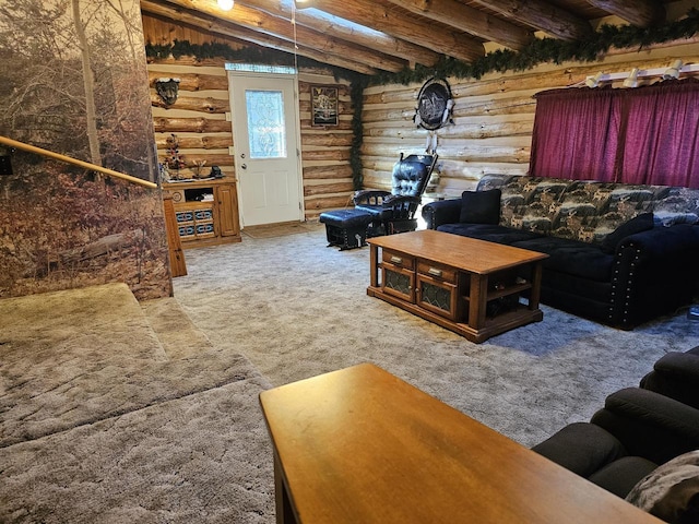 carpeted living room featuring log walls and vaulted ceiling with beams