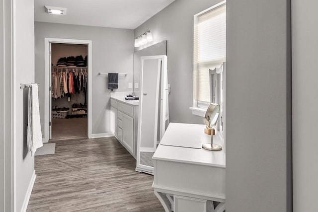 bathroom featuring vanity, plenty of natural light, and wood-type flooring