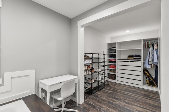 spacious closet featuring dark hardwood / wood-style floors