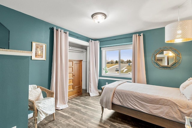 bedroom featuring wood-type flooring and a closet