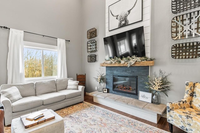 living room featuring wood-type flooring and a tile fireplace