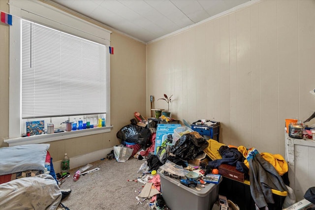 carpeted bedroom with crown molding