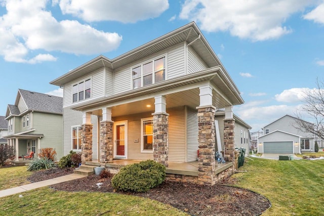 view of front of home with a porch and a front lawn