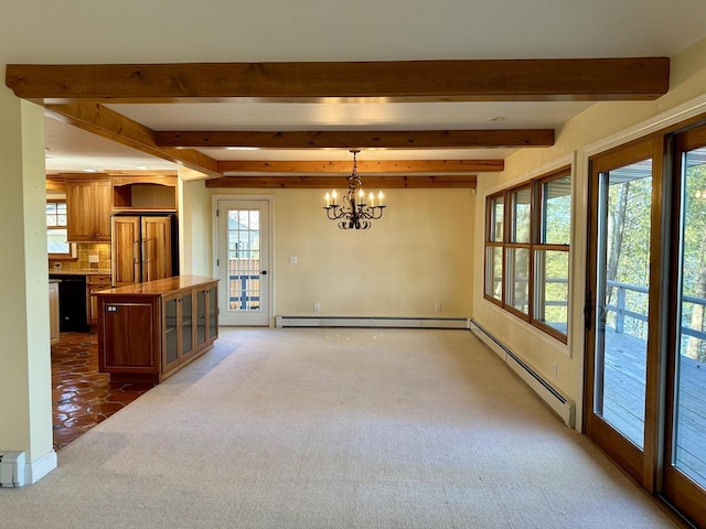 N7859 Lakeside Park Rd, Elkhart Lake, WI 53020 - unfurnished dining area with beam ceiling, dark colored carpet, a chandelier, and baseboard heating