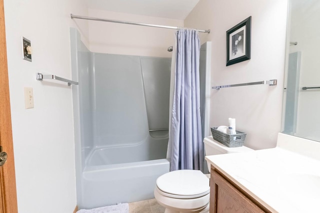 full bathroom with tile patterned floors, vanity, toilet, and shower / tub combo with curtain