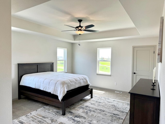 bedroom with a raised ceiling, multiple windows, ceiling fan, and light carpet