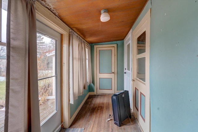 interior space featuring wood ceiling and wood-type flooring