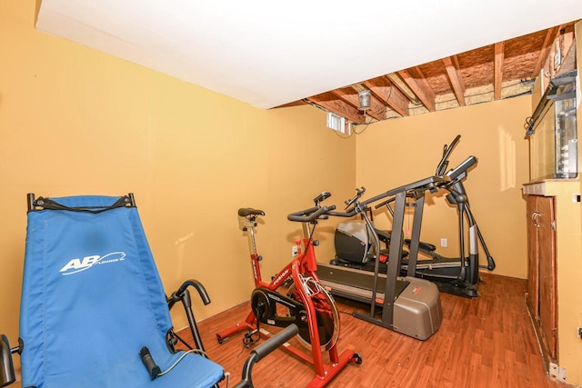 workout room with wood-type flooring