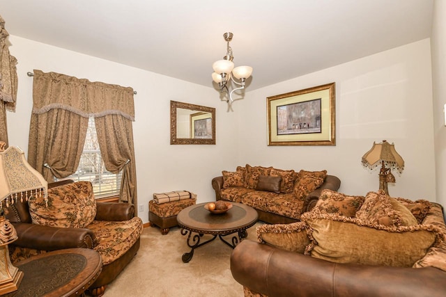 carpeted living room with an inviting chandelier