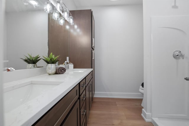 bathroom with wood-type flooring, vanity, and toilet