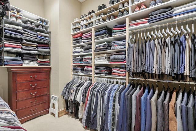 walk in closet featuring light carpet