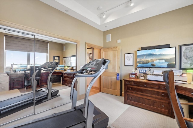 exercise area with a raised ceiling, light colored carpet, and track lighting