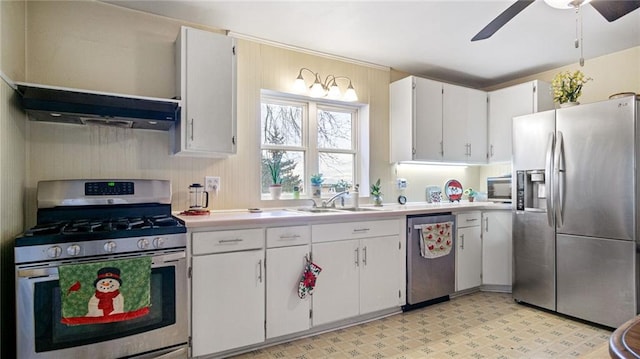 kitchen with white cabinetry, sink, ceiling fan, stainless steel appliances, and ventilation hood