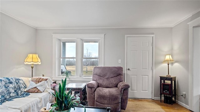 living room with light hardwood / wood-style floors and crown molding