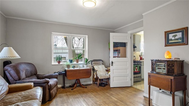 living area featuring light wood-type flooring and crown molding