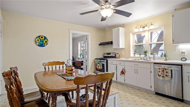 kitchen featuring white cabinets, stainless steel appliances, ceiling fan, and sink