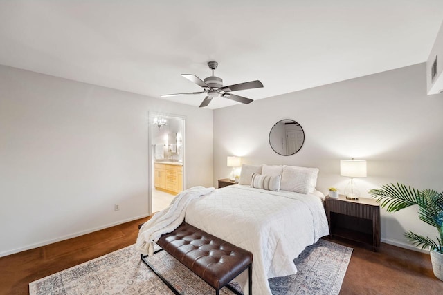 bedroom with ceiling fan and connected bathroom