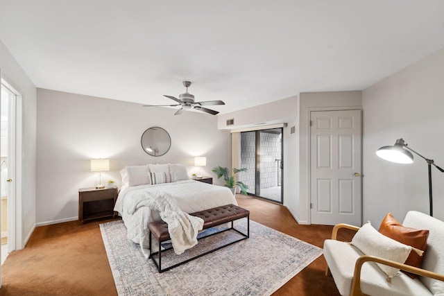 bedroom with access to outside, ceiling fan, and light colored carpet