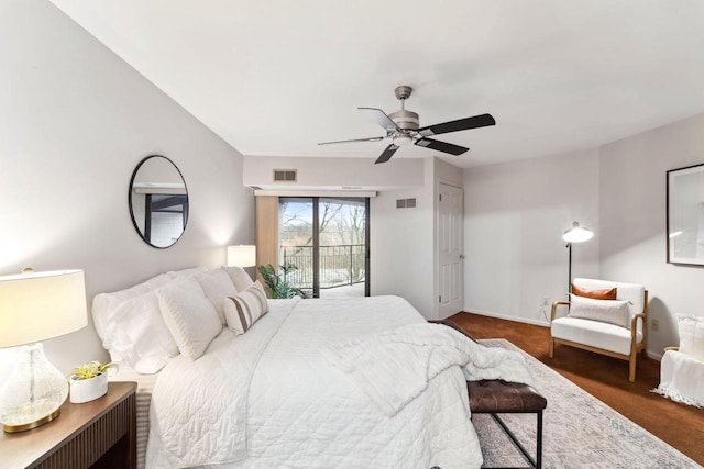 bedroom with ceiling fan and access to exterior