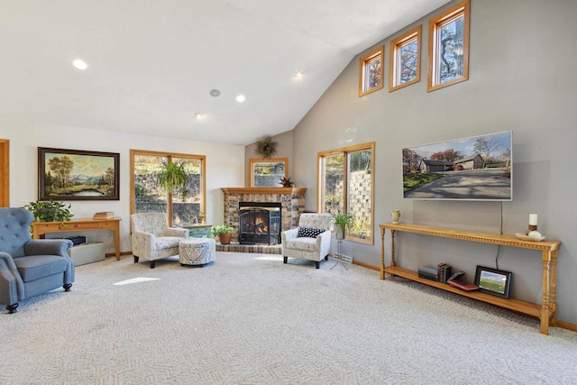 living room with carpet flooring and lofted ceiling