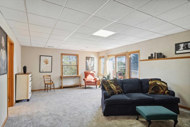 carpeted living room with a drop ceiling