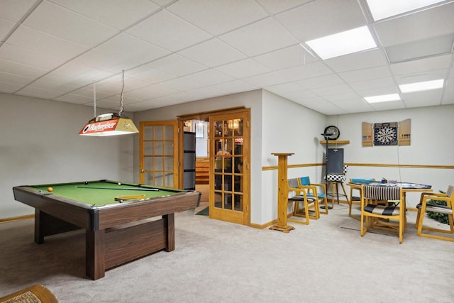 game room featuring carpet flooring, french doors, a drop ceiling, and pool table